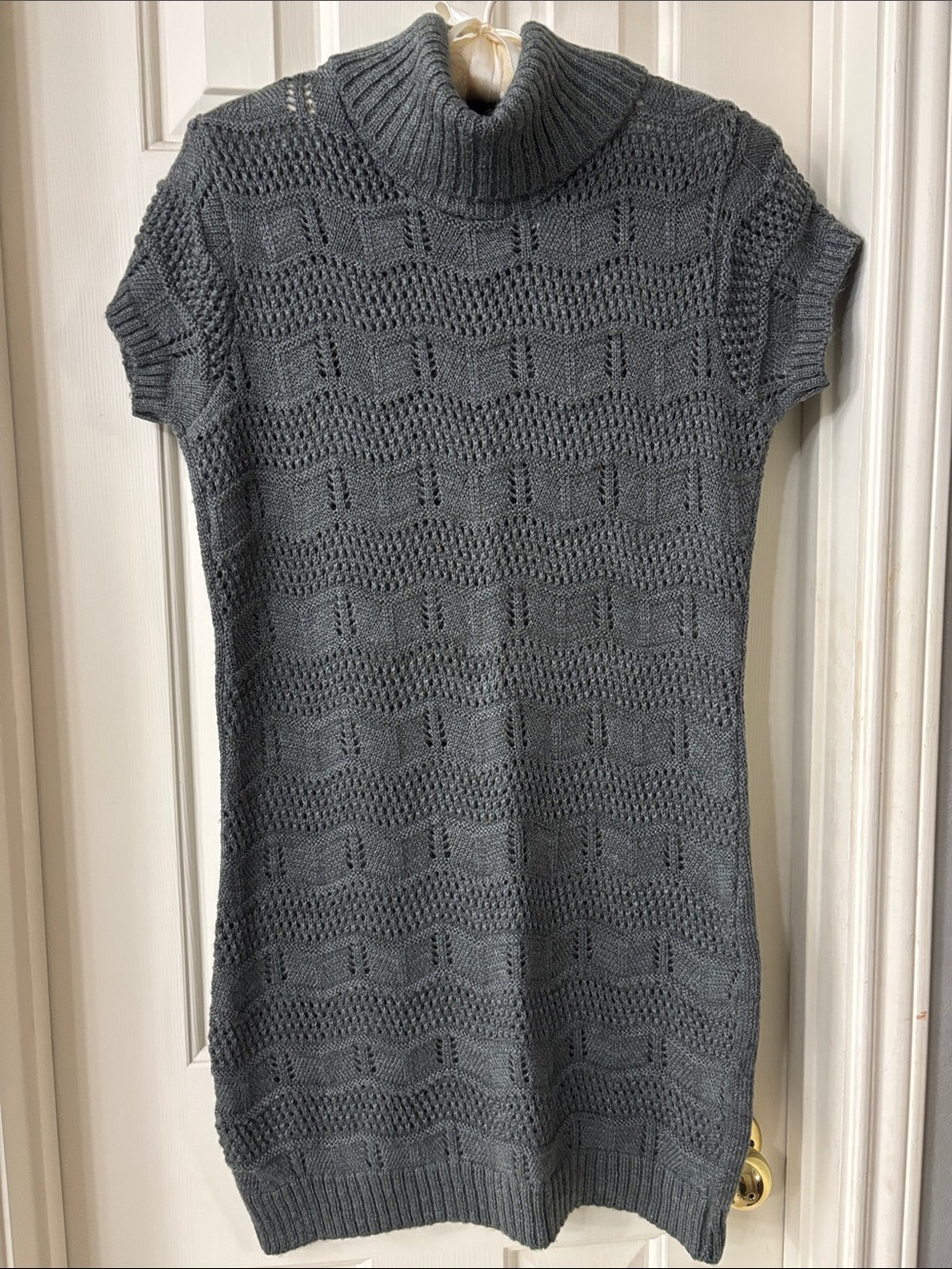 Classic Gray Turtleneck Short-Sleeve Knit Sweater Dress